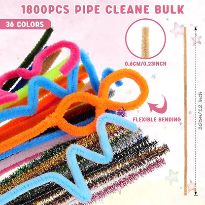 1800 Pcs Pipe Cleaners 6 mm by 12 Inch Chenille Stems Pipe Cleaners Craft Supplies Art Supplies for Kids Adults DIY Creative Decorations, 36 Assorted Colors (Stylish Color)