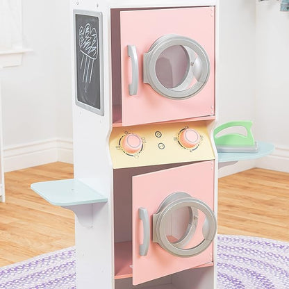 KidKraft Laundry Playset Children's Pretend Wooden Stacking Washer and Dryer Toy with Iron and Basket, Pastel, Gift for Ages 3+