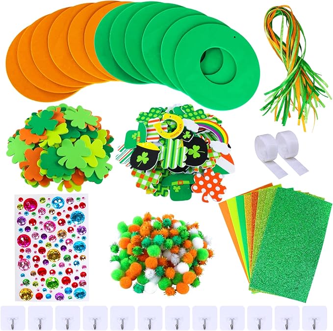 12 Sets St. Patrick's Day Shamrock Wreath Sign Decorations Foam St. Patrick's Day Craft Kits Lucky Shamrock Four-Leaf Clover Rainbow Foam Stickers for Kids Party Favors Classroom Activity Art Project