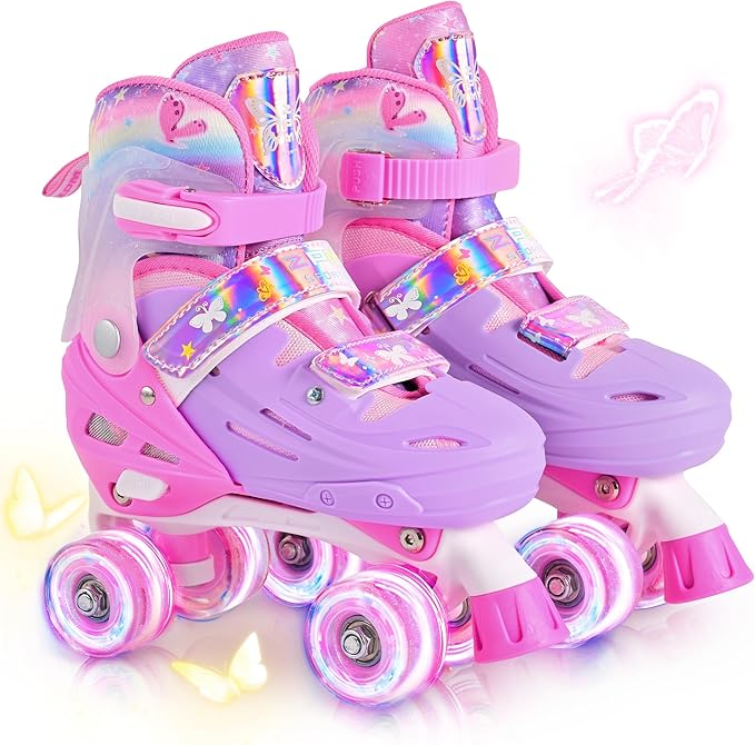 2PM SPORTS Roller Skates for Girls Boys Kids Age 4-6 5-8 6-12 8-12 with Light Up Wheels, Adjustable Youth Rollerskates Size 10C 11C 12C 13C 1 2 3 4 5 6
