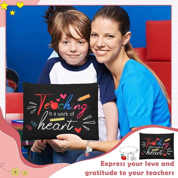 8 Pcs Teacher Appreciation Gift Set for Women, 4 Teacher Makeup Pouch Cosmetic Bags and 4 Bangle Bracelets, Christmas Valentines Thank You Gifts for Teacher (A Work of Heart)