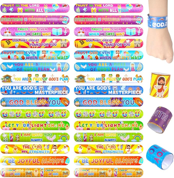 LovesTown 48PCS Christian Snap Bracelets, Bible Verses Religious Slap Wristbands Slap Bracelets for Kids Sunday School Gifts Classroom Prizes