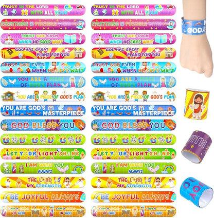LovesTown 48PCS Christian Snap Bracelets, Bible Verses Religious Slap Wristbands Slap Bracelets for Kids Sunday School Gifts Classroom Prizes