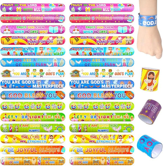 LovesTown 48PCS Christian Snap Bracelets, Bible Verses Religious Slap Wristbands Slap Bracelets for Kids Sunday School Gifts Classroom Prizes