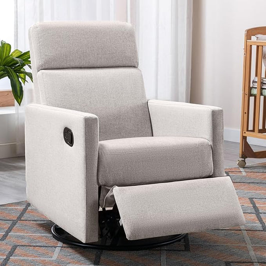 Merax Modern Modern Soft Linen Swivel Push Back Rocker Recliner w/Headsupport Adjustable Nursery Glider Chair for Living Room, Bedroom Tan