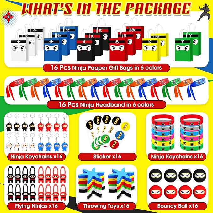 16 Guests 128 Pcs Ninja Party Favors Include Ninja Gift Bags Bouncy Balls Throwing Favors Flying Slingshot Headbands Silicone Bracelets Keychains Stickers for Ninja Birthday Party Supplies