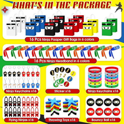 16 Guests 128 Pcs Ninja Party Favors Include Ninja Gift Bags Bouncy Balls Throwing Favors Flying Slingshot Headbands Silicone Bracelets Keychains Stickers for Ninja Birthday Party Supplies