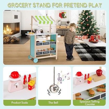 INFANS Wooden Grocery Store Marketplace Toy, Supermarket Pretend Play, Extra Storage 6 Ice Creams Scales Bells Chalkboards, Fun Indoor Farmer's Market Stand Set Gift for Ages 3+