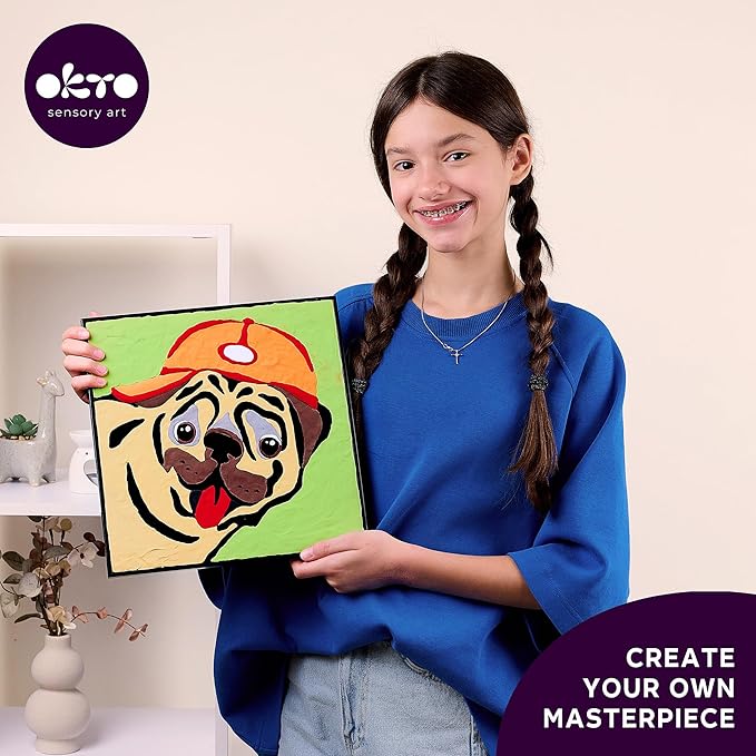 Okto Paint by Numbers for Children - Kid's Paint by Numbers Kits with Air Dry Clay, Unique 2D Wall Art, Sensory Canvas, Pug Themed, Framed Animal Kit for Age 5+