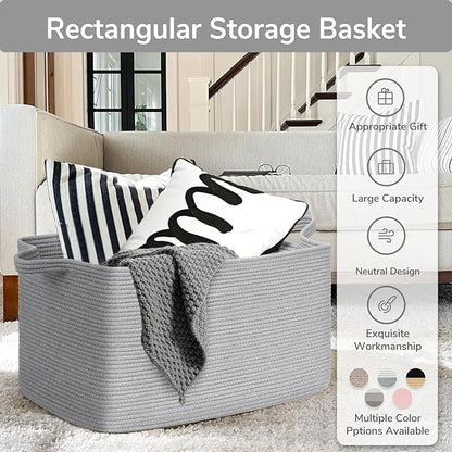 Goodpick 85L Large Woven Blanket Basket 23.6" x 15.7" x 13.8" Cotton Rope Storage Organizer for Dirty Clothes Pillows, Rectangle Toy Storage Basket for Nursery Bedroom, Gray