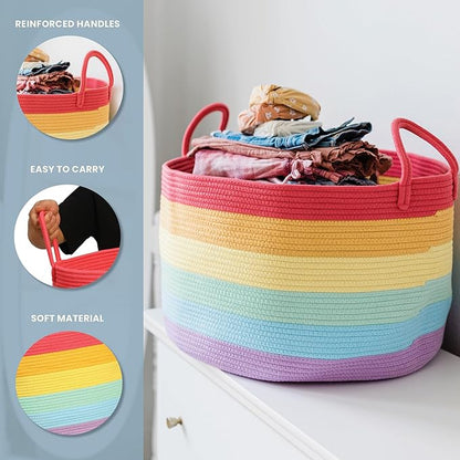 OrganiHaus Rainbow Blanket Basket for Classroom & Nursery, Extra Large Woven Laundry Basket w/Handles, Kids Toy Organizer & Storage, Soft Round Dog Toy Storage Bin, Cute Bin - 20"x13" in