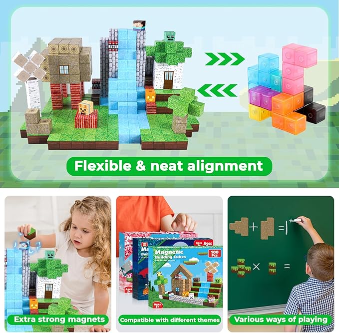 Magnetic Blocks-100PCS Magnetic Building Blocks Magnetic Cube Stacking, Build Forest World Set, STEM Montessori Sensory Toys for Kids Boys Girls Ages 3 4 5 6 7 8 9 10 Easter Birthday Gifts