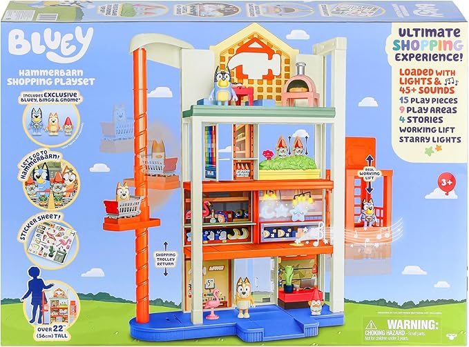 Bluey Hammerbarn Shopping Playset, 4 Level, 22" Tall Playset with Working Lift and Trolley Return, Including Lights and 45+ Sounds