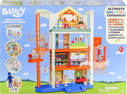 Bluey Hammerbarn Shopping Playset, 4 Level, 22" Tall Playset with Working Lift and Trolley Return, Including Lights and 45+ Sounds