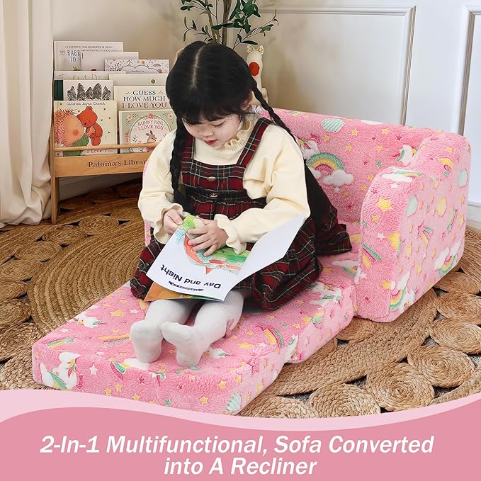 MeMoreCool Folding Toddler Chair, Glow-in-The-Dark Soft Plush Kids Fold-Out Couch Sofa, Comfy Baby Recliner for Girls and Boys (Glowing Unicorn, Pink)