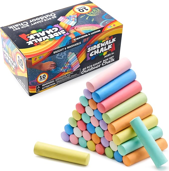 JOYIN 60 PCS Sidewalk Chalk Set (10 colors), Non-Toxic Washable Outdoor Jumbo Chalk Set for Painting on Chalkboard, Art Play and Playground Toy