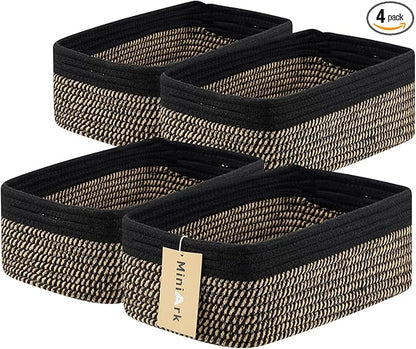 MiniArk Small Storage Baskets for Organizing | Closet Organizer Bins | Shelf Toy Basket | Woven Rope Baskets | Cube Decorative Box | Shallow Basket | 13x8.5x5.1” | 4 Packs Black Brown