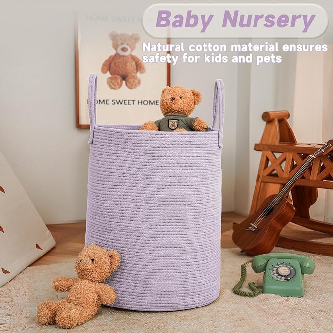 JMvicyroam Large Woven Laundry Basket Hamper,100L Cotton Rope Storage Bin for Blankets,Toys and Clothes,Decorative Tall Nursery Hamper for Living Room,Baby Nursery,Bathroom and Bedroom,Purple