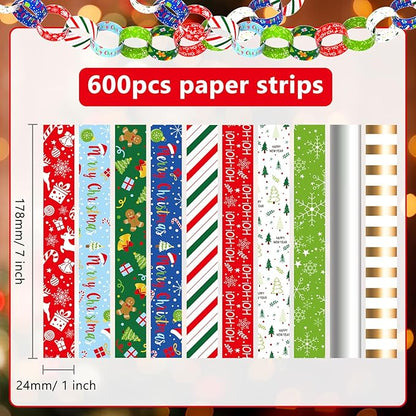 CHRORINE 600 Pcs Merry Christmas Pattern Paper Chain for Holiday Themed Party Decorations DIY Crafts Supplies (Christmas Colors, 1 x 7.08 inches)