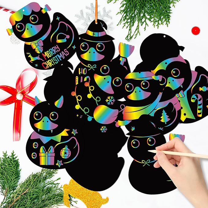 CY2CSIDE Christmas Ducks Scratch Cards - 60PCS Xmas Duckies Ornament Scratch Card Gift Set for Kid DIY Xmas Duck Magic Art Color Craft Kit for Kids School Activities Merry Christmas Gifts