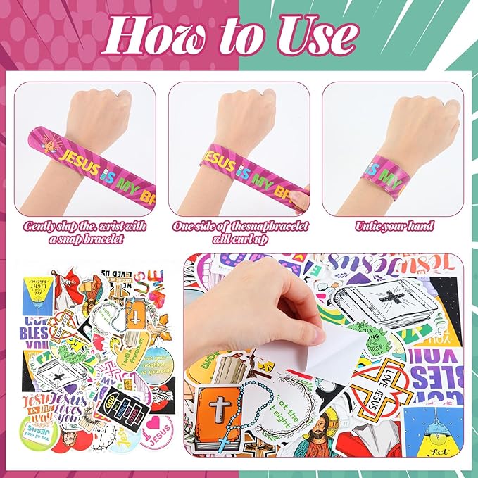 Kolewo4ever 244 Pieces Bible Verses Gifts Set:144 Pieces Bible Verses Slap Bracelets Religious Christian Wristbands 100 Pieces Bible Verses Stickers for Church Gatherings and Additional Activities