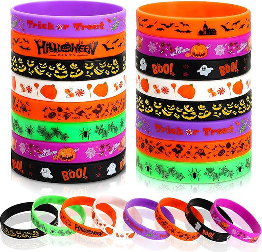 JUNEBRUSHS Halloween Party Favors, 24pcs Halloween Silicone Bracelets Rubber Wristbands for Halloween Party Decorations Trick or Treat Goodie Bag Stuffers Fillers Accessories Supplies(8 Designs)