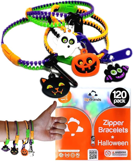 UpBrands 120-Pack Halloween Fidget Zipper Bracelets for Kids: Ideal Bulk Party Favors, Perfect for Birthdays, Goodie Bag & Pinata Fillers, Unique Sensory Toys, Friendship Jewelry & Stress Relief
