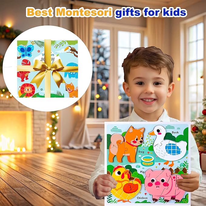 Farm Animal Puzzles for Toddlers 1-3, Kids Gifts for 2 3 Years Old Girls Boys,Wooden Puzzles for Toddlers 2-4, Montessori Toys Learning Educational Toys Ages 2-3