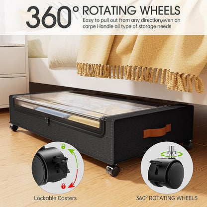 Yecaye 4 Pack Under Bed Storage with Wheels, Under Bed Storage Containers with Lids, Large Under Bed Rolling Storage with Clear Window & Label, Rolling Drawers for Clothes, Blankets, Books