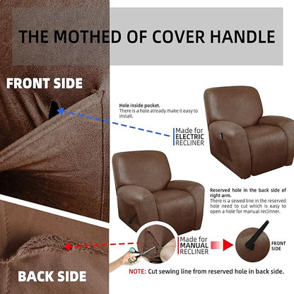 Recliner Chair Covers Leather Like, 4 Pieces Lazy Boy Recliner Cover, Furniture Protector - Washable Soft Sofa Slipcover for Pets Kids (Brown)