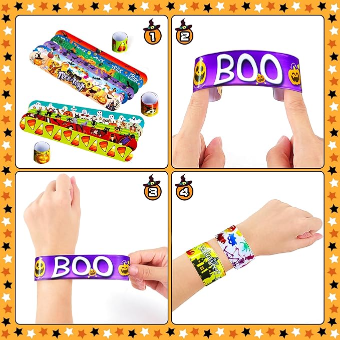 Halloween Slap Bracelets for Kids, 100 Halloween Bracelet Toys Bulk For Kids Girls Boys, Trick or Treat Party Favors, Exchanging Gifts, Classroom Prizes, Halloween Party Gift Treat Bag Filler Supply