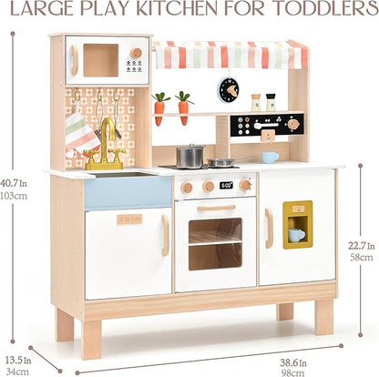 PairPear Play Kitchen for Kids, Wooden Toy Kitchen Set with Coffee Maker Ice Maker & Play Kitchen Accessories, Pretend Play Toddler Kitchen Toys Gift for Girls Boys 3+