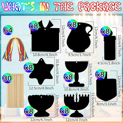 Qilery 64 Pcs Chanukah DIY Scratch Cards Set Hanukkah Party Supplies Favor Rainbow Color with Wooden Styluses Hanukkah Craft Kit for Kid Birthday DIY Art Hanukkah Themed Party Classroom Decor