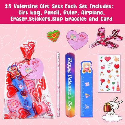 Valentines Day Gifts for Kids, 224 Pcs Valentines Day Party Favors for Kids School Classroom Exchange, 28 Pack Valentines Day Goodie Bags Stuffers with Cards Slap Bracelet Foam Airplane Pencil Eraser