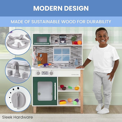 Delta Children Tiny Chef Play Kitchen - Toy Kitchen Playset with Realistic Knobs That Turn/Click, Oven, Sink, Microwave and 15 Pieces of Play Food, Green