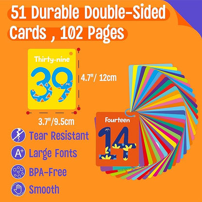 51 PCS Number Flashcards, 0-50 Double Sided Printed Cards with 2 Reclosable Rings, Learn Numbers, Learn to Count-Fun Learning and Educational Flashcards Learning Tool for Kids, Preschoolers, Toddlers