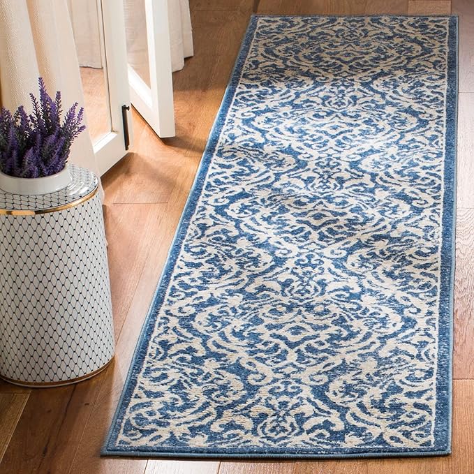 SAFAVIEH Brentwood Collection 2' x 6' Navy / Cream BNT810N Damask Non-Shedding Living Room Entryway Foyer Hallway Bedroom Runner Rug