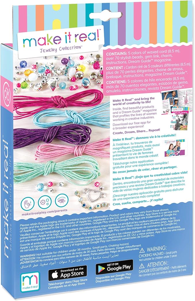 Make It Real: Rainbow Bling Bracelets Kit - Create 5 Unique Cord Charm Bracelets, 82 Pieces, Includes Play Tray, All-In-One, DIY Kit, Tweens & Girls, Arts & Crafts, Kids Ages 8+
