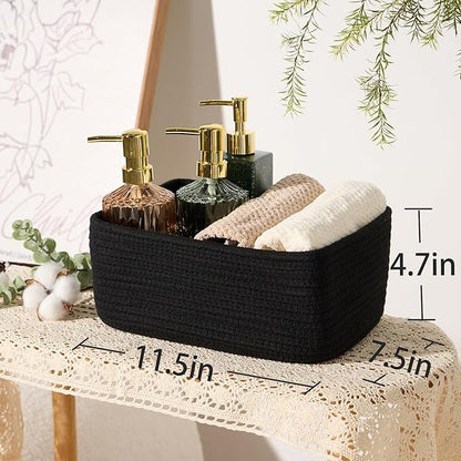 MiniArk Small Storage Baskets for Organizing | Closet Organizer Bins | Shelf Toy Basket | Woven Rope Baskets | Cube Decorative Box | Shallow Basket | 11.5x7.5x4.7” | 3 Packs Black