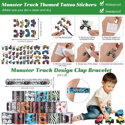 HyDren 171 Pcs Truck Party Favors Included Gift Cup Straw Keychain Slap Bracelet Mini Truck Puzzle Sticker Stamper Card Tattoo Sticker Shovel Sticker Tag Cable Tie for Birthday Gift Prize