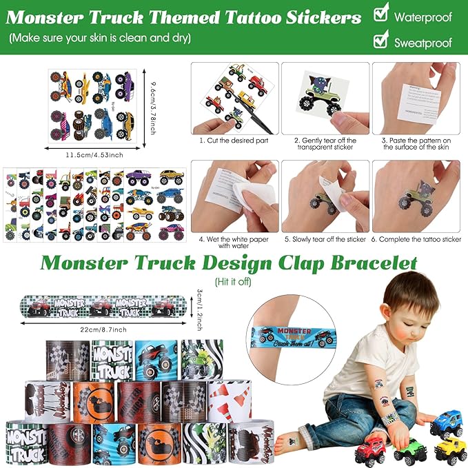 HyDren 211 Pcs Truck Party Favors Included Gift Cup Straw Keychain Slap Bracelet Mini Truck Sticker Stamper Card Tattoo Sticker Shovel Sticker Tag Cable Tie For Birthday Gift Prize