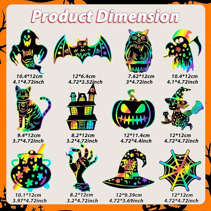 Halloween Scratch Paper Art Set - 48 Pcs Halloween 12 Design Magic Rainbow Scratch Off Cards for Kids, Hanging Ornaments for Halloween Party Favors Activities