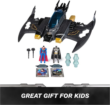 DC Comics, Metal Force Transforming Batwing, 2-in-1 Playset, Includes Batman and Superman Figures, with Projectiles and Character Cards, Kids Toy for Boys and Girls Ages 4+