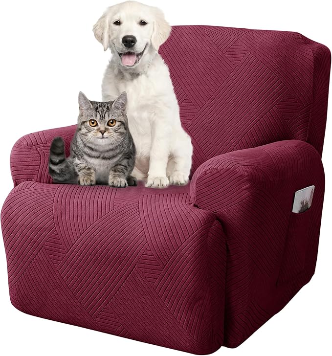 Jin Le Recliner Covers Striped Jacquard Recliner Couch Covers Recliner Sofa Slipcovers Furniture Protector Covers for Pet Kid with Elastic Straps Bottom-Wine