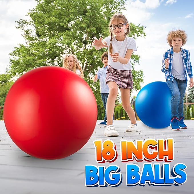 PlayBolt Jumbo 18-Inch Playground Balls (2 Pack, Red & Blue) - Giant Large Inflatable Rubber Kickball for Kids and Toddlers, Boys & Girls Backyard, Sports, Gym, Recess, Indoor & Outdoor Games w/Pump