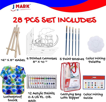 J MARK Kids Paint Set – Acrylic Kids Painting Kit – Storage Bag, Paints, Easel, Canvas, Brushes