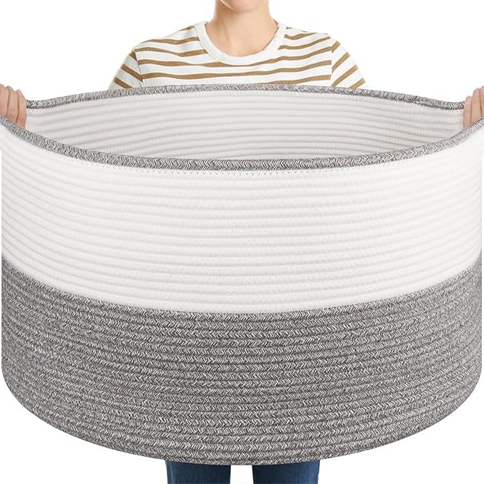 OIASKET Large Blanket Basket with Handles, 22.8" x 22.8" x 13" Woven Storage Basket for Living Room, Cotton Rope Baby Toy Storage for Clothes, Pillows, Towels-Grey and White