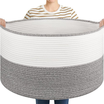 OIASKET Large Blanket Basket with Handles, 22.8" x 22.8" x 13" Woven Storage Basket for Living Room, Cotton Rope Baby Toy Storage for Clothes, Pillows, Towels-Grey and White