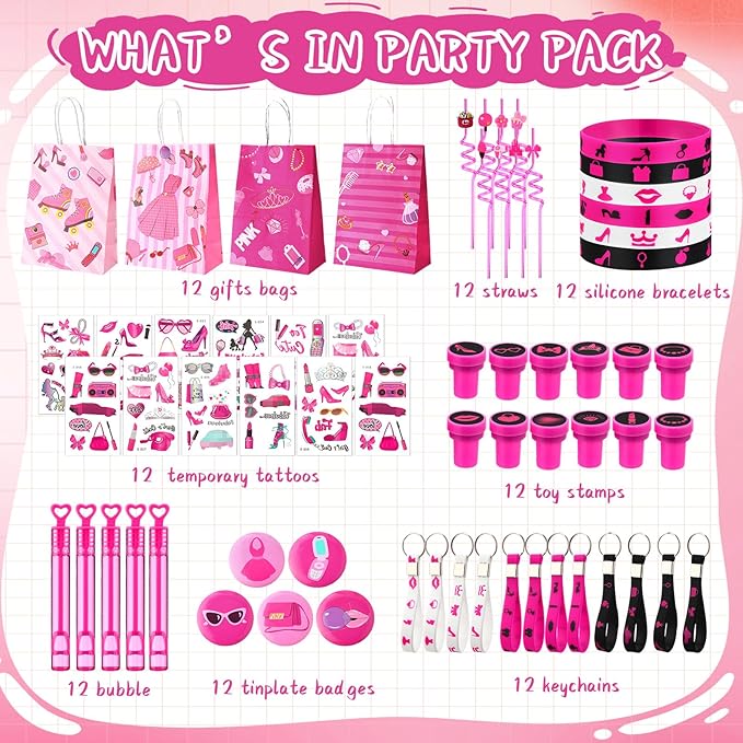 96 Pcs Pink Party Favors Hot Pink Princess Party Gifts Set Include Tattoos, Bracelets, Keychains, Badges, Toy Stamps, Straws, Gifts Bags, Bubble Water for Hot Pink Girls