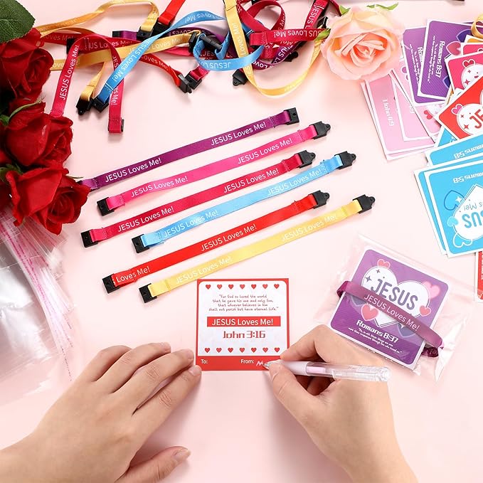 48 Sets Religious Valentine's Day Wristbands Jesus Loves Me Wristband Christian Valentine's Day Friendship Clasp Wristbands with Exchange Cards for Sunday Party Favor Prize